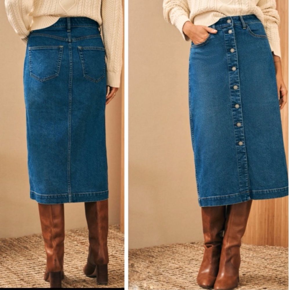 New Faherty Blue Jean Denim Mercer Bay Button Down Midi Skirt Size 26